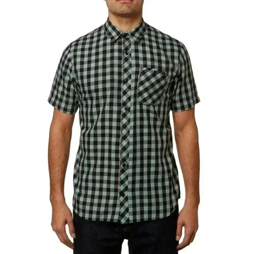 FOX Mens Short Sleeve Button Down Shirt Green Black Check Medium